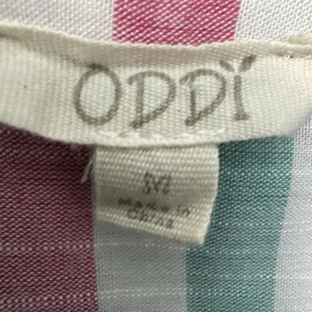 Oddi top med pullover striped 3/4 bell sleeve blue pink white vneck rayon blend - Picture 2 of 8